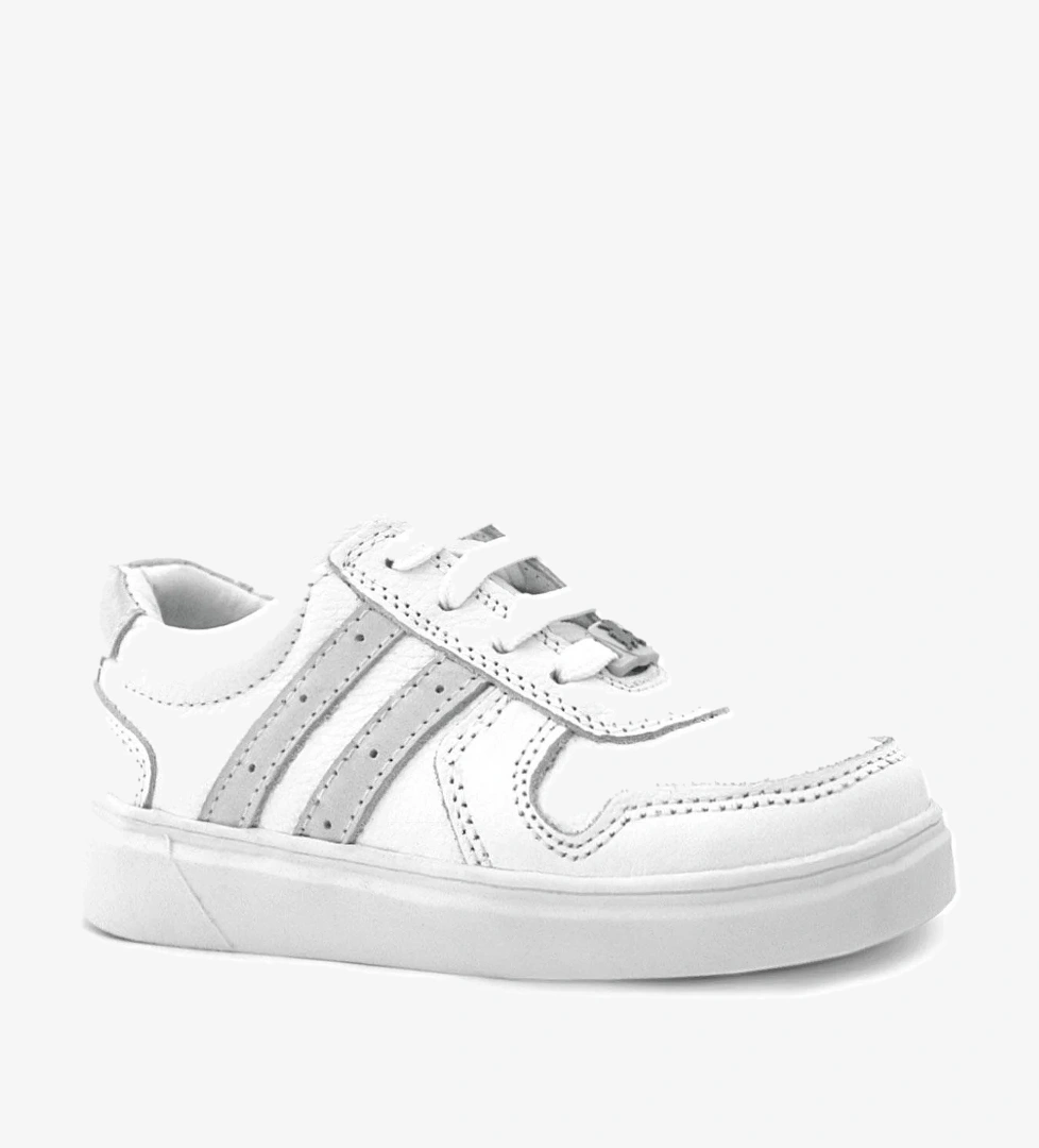 Hakiki Deri Beyaz Bağcıklı Fermuarlı Çocuk Sneaker Ayakkabı - Görsel 1