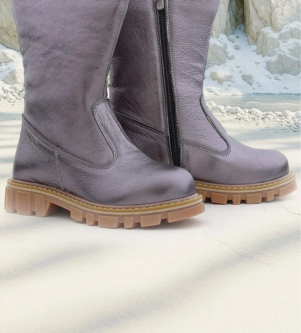 Hakiki Deri Platin Fermuarlı Uzun Kız Çocuk Çizme - Görsel 1