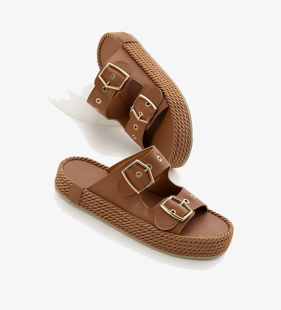 Kadın Taba Halat Detaylı Yüksek Taban Çift Tokalı Terlik - Görsel 1