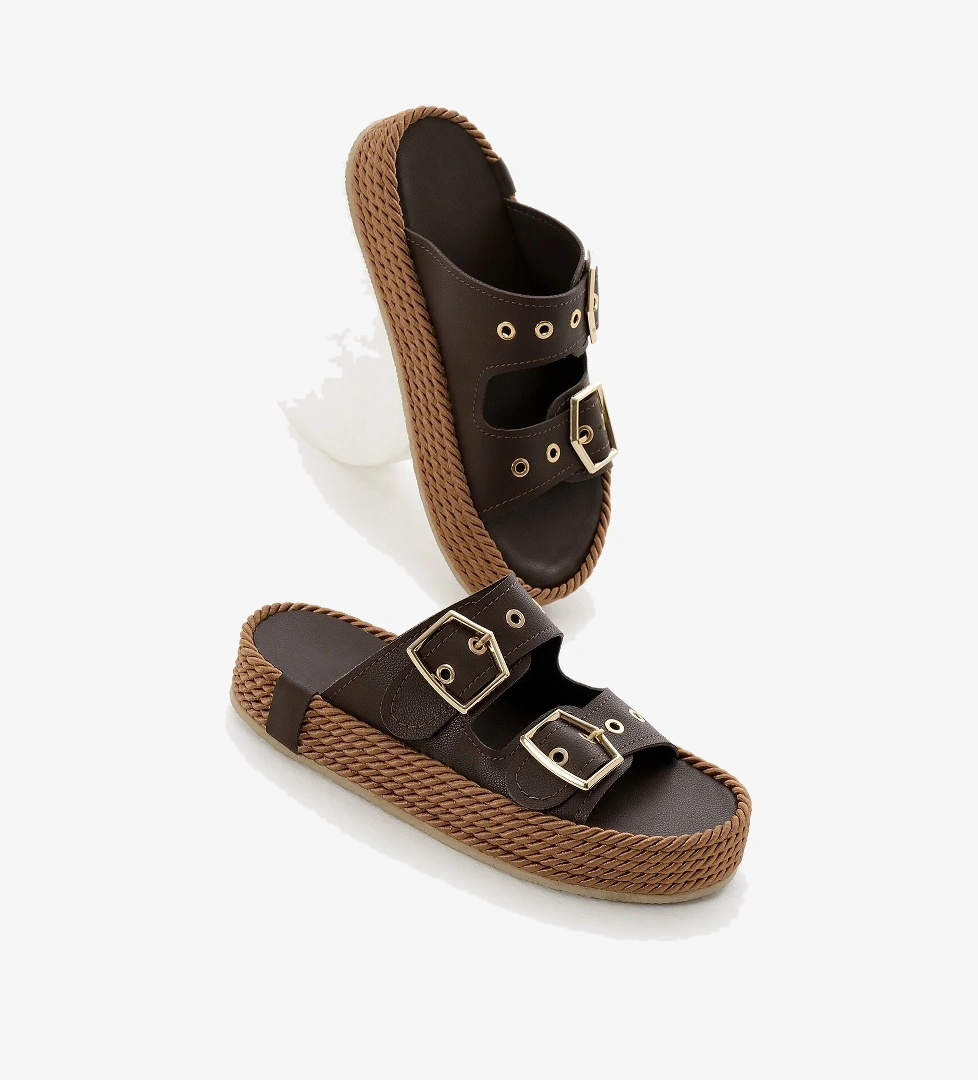 Kadın Kahve Halat Detaylı Yüksek Taban Çift Tokalı Terlik