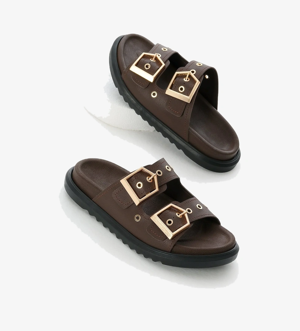 Kadın Kahve Poli Taban Çift Bantlı Tokalı Terlik