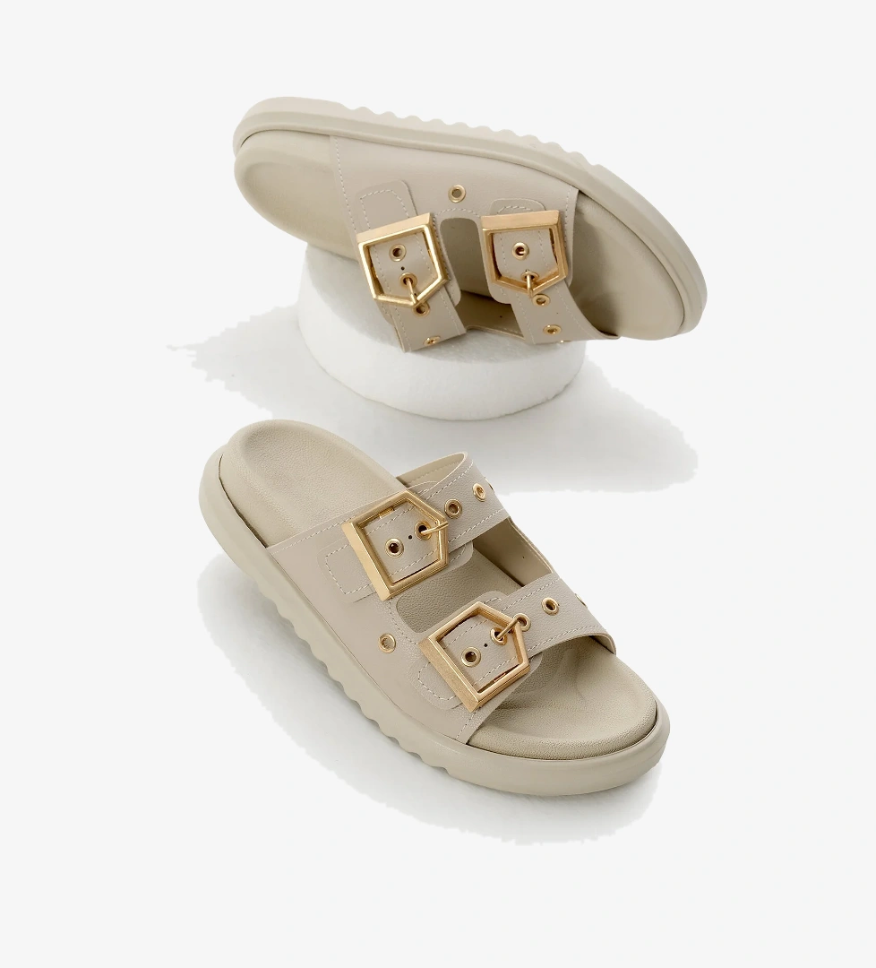 Kadın Bej Poli Taban Çift Bantlı Tokalı Terlik - Görsel 1