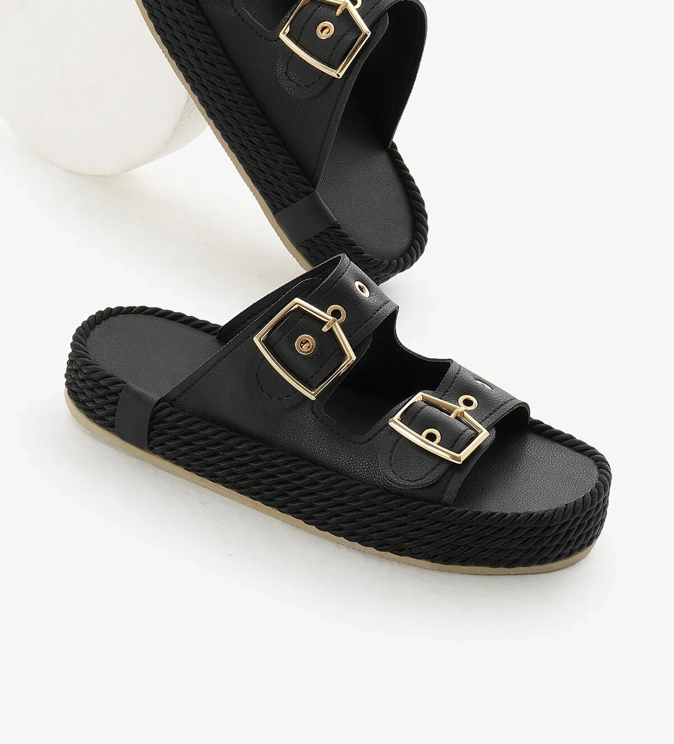 Kadın Siyah Halat Detaylı Yüksek Taban Çift Tokalı Terlik