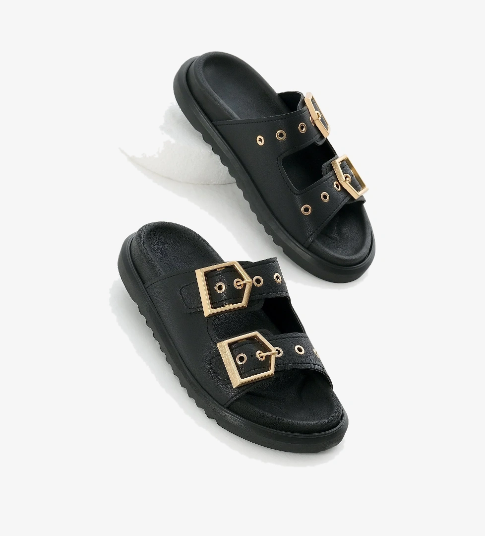 Kadın Siyah Poli Taban Çift Bantlı Tokalı Terlik