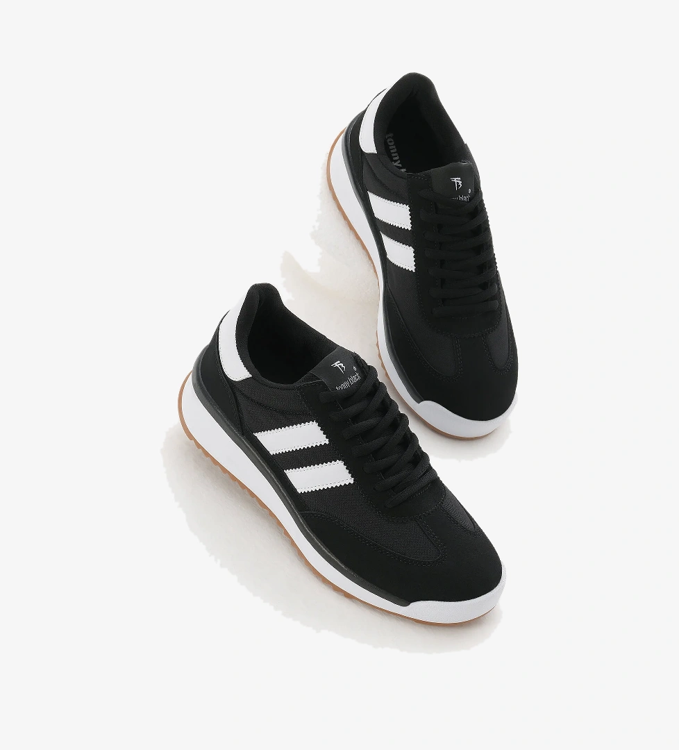 Unisex Siyah Beyaz Termo Taban Çift Şeritli Bağcıklı Spor Ayakkabı