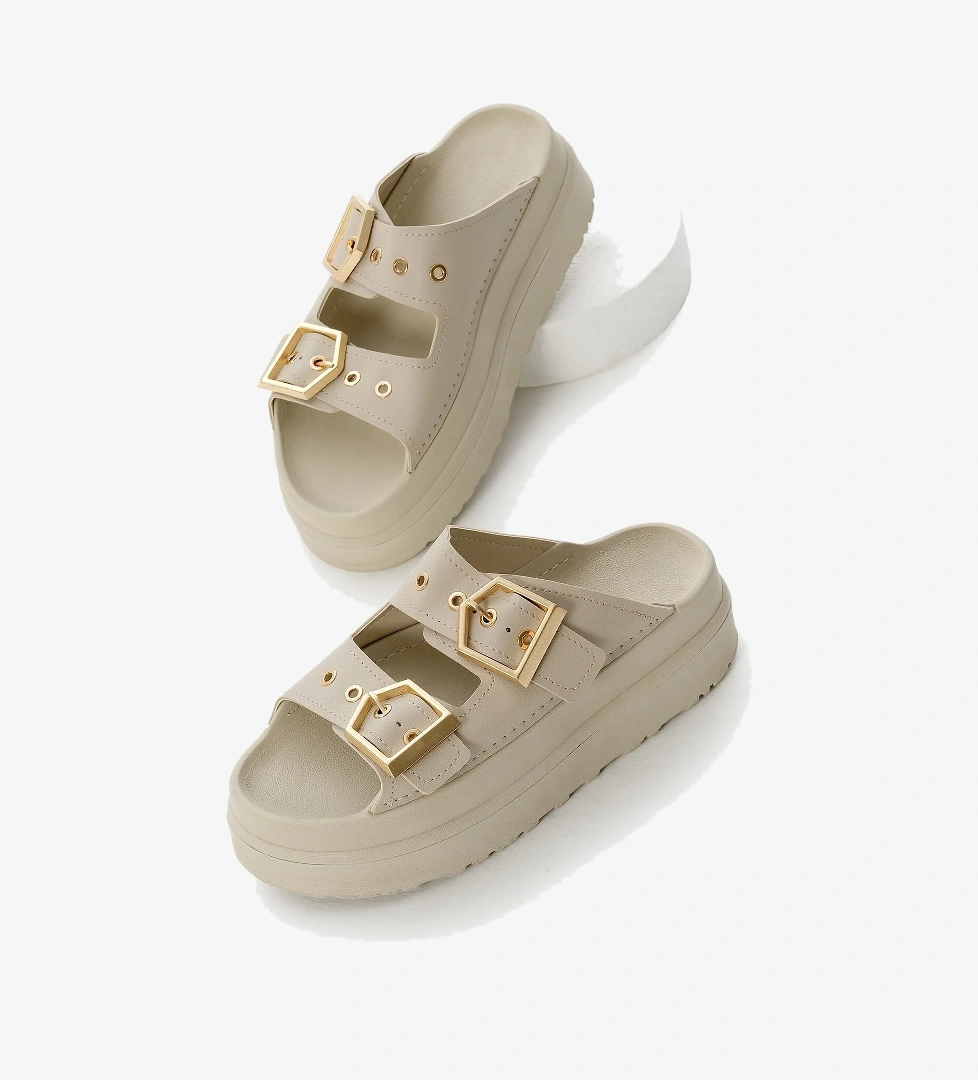 Kadın Bej Yüksek Poli Taban Çift Bantlı Tokalı Terlik