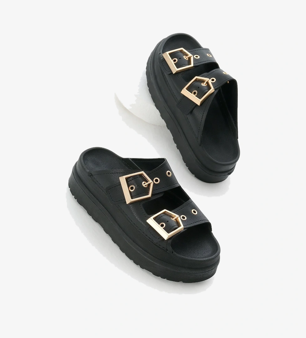 Kadın Siyah Yüksek Poli Taban Çift Bantlı Tokalı Terlik - Görsel 1