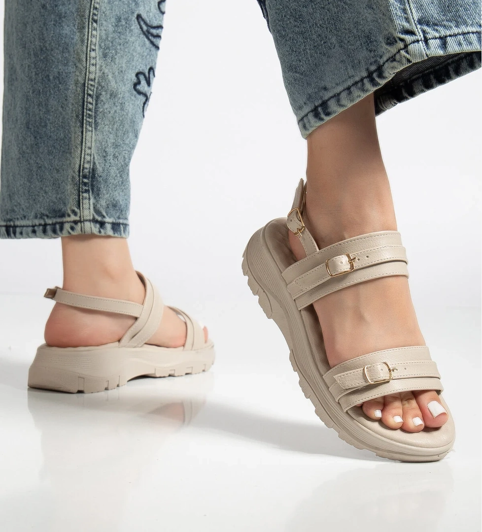 Kadın Bej Poli Taban Toka Detaylı Çift Bantlı Sandalet