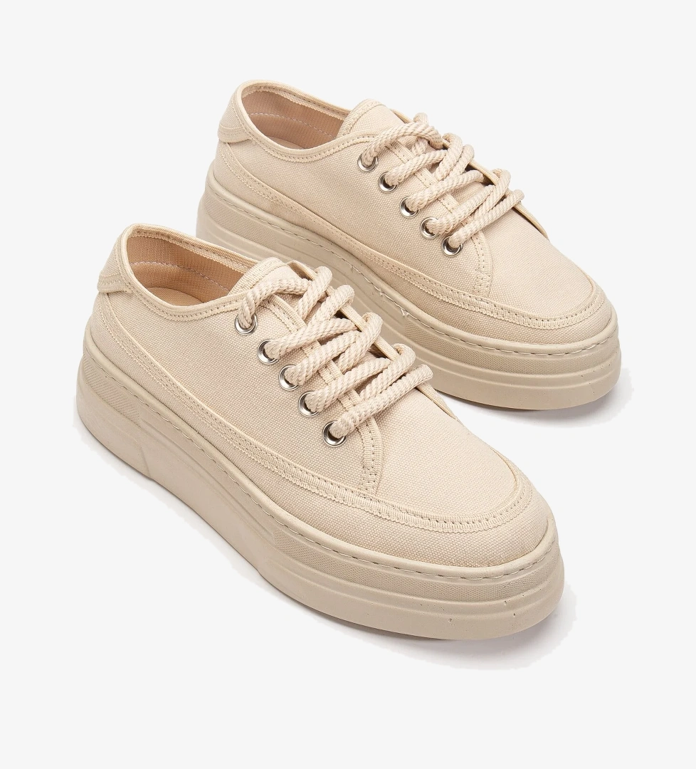 Kadın Bej Poli Taban Keten Halat Bağcıklı Spor Ayakkabı