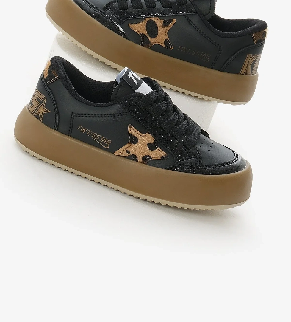 Çocuk Unisex Siyah Leopar Termo Taban Yıldız Detaylı Bağcıklı ve Cırtlı Spor Ayakkabı