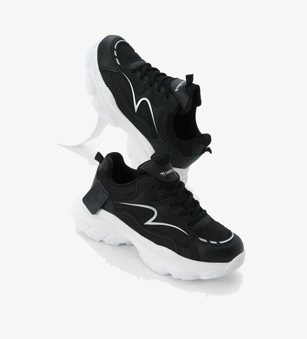 Kadın Siyah Beyaz Yüksek EVA Faylon Taban Nefes Alabilen Kumaş Desenli Bağcıklı Spor Ayakkabı