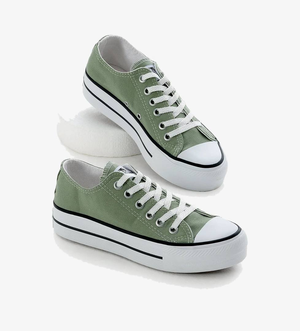 Kadın Mint Yeşili Termo Kalın Taban Bağcıklı Keten Spor Ayakkabı