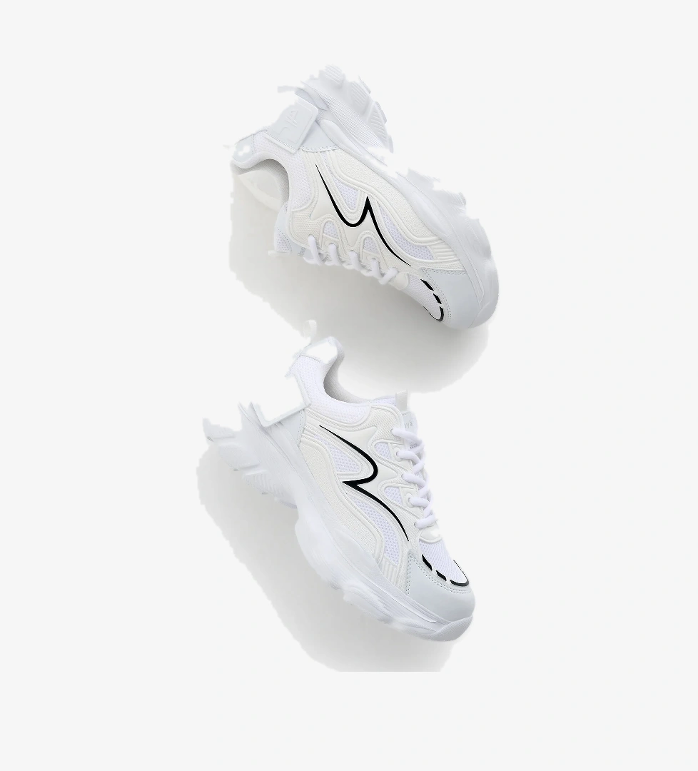 Kadın Beyaz Siyah Yüksek EVA Faylon Taban Nefes Alabilen Kumaş Desenli Bağcıklı Spor Ayakkabı