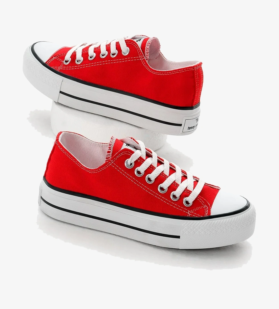 Kadın Kırmızı Termo Kalın Taban Bağcıklı Keten Spor Ayakkabı