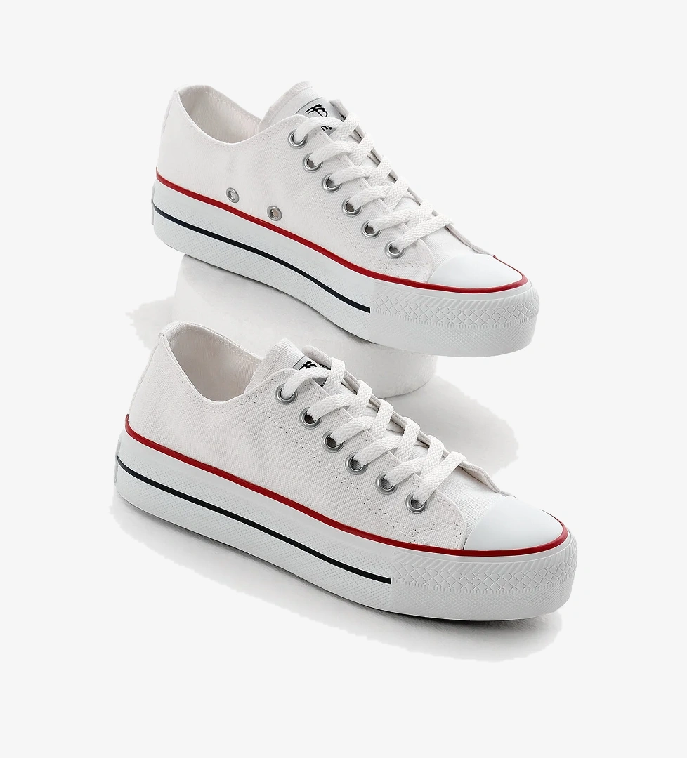 Kadın Beyaz Termo Kalın Taban Bağcıklı Keten Spor Ayakkabı - Görsel 1