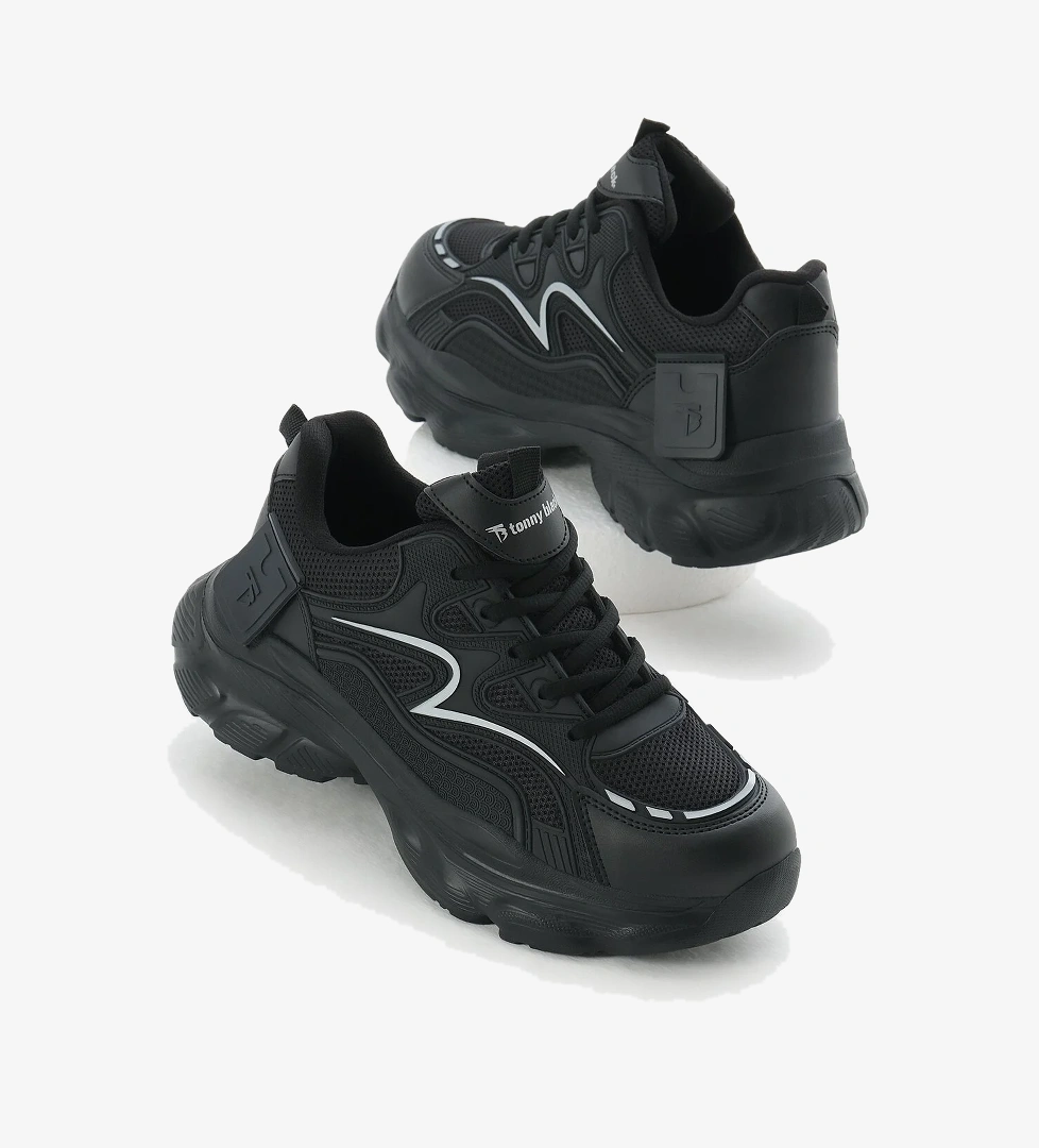 Kadın Siyah Yüksek EVA Faylon Taban Nefes Alabilen Kumaş Desenli Bağcıklı Spor Ayakkabı