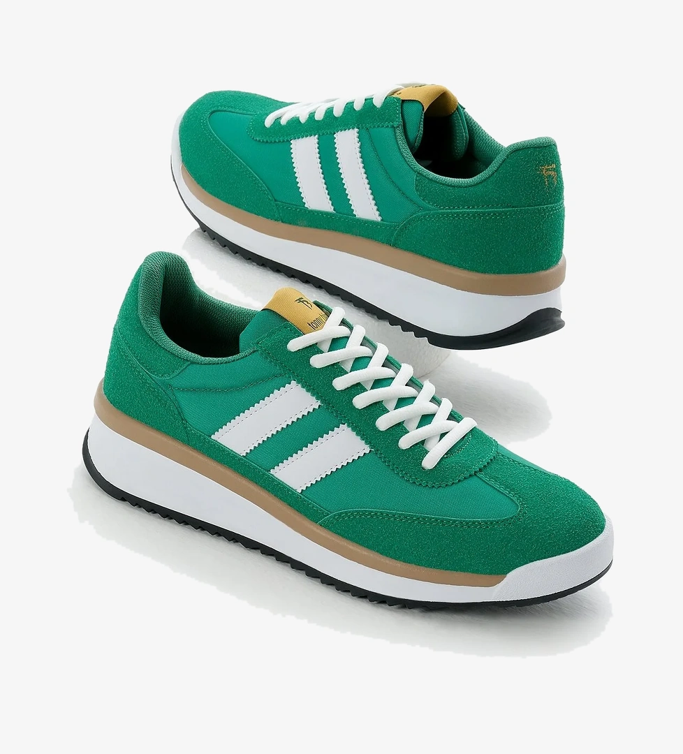 Unisex Yeşil Termo Taban Çift Şeritli Bağcıklı Spor Ayakkabı