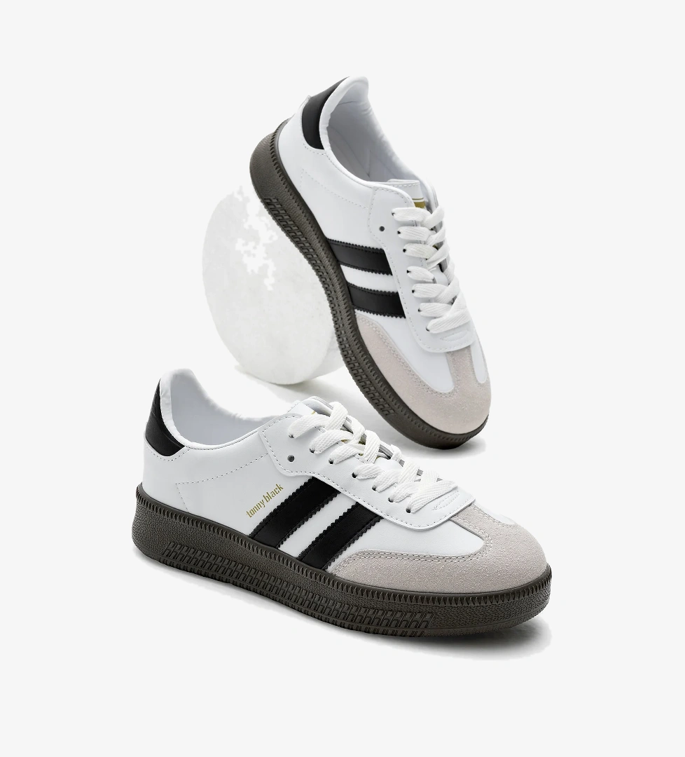 Unisex Beyaz Siyah Kalın Termo Taban Yanı Şeritli Bağcıklı Spor Ayakkabı