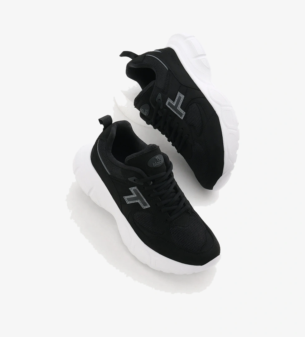 Unisex Siyah Beyaz Yüksek Faylon Taban Nefes Alabilen Kumaş Bağcıklı Spor Ayakkabı