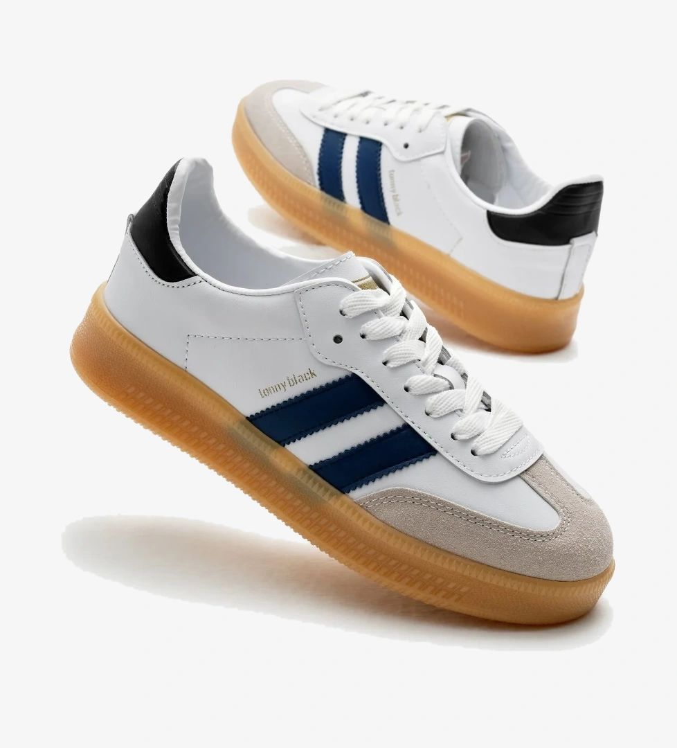 Unisex Beyaz Lacivert Kalın Termo Taban Yanı Şeritli Bağcıklı Spor Ayakkabı