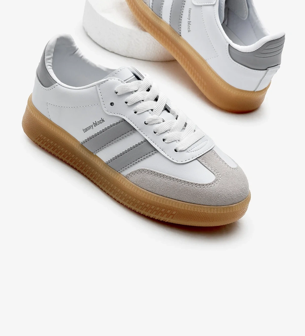 Unisex Beyaz Gri Kalın Termo Taban Yanı Şeritli Bağcıklı Spor Ayakkabı