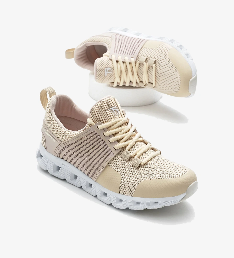 Unisex Krem Tasarım Termo Taban Şeritli Nefes Alabilen Kumaş Bağcıklı Spor Ayakkabı