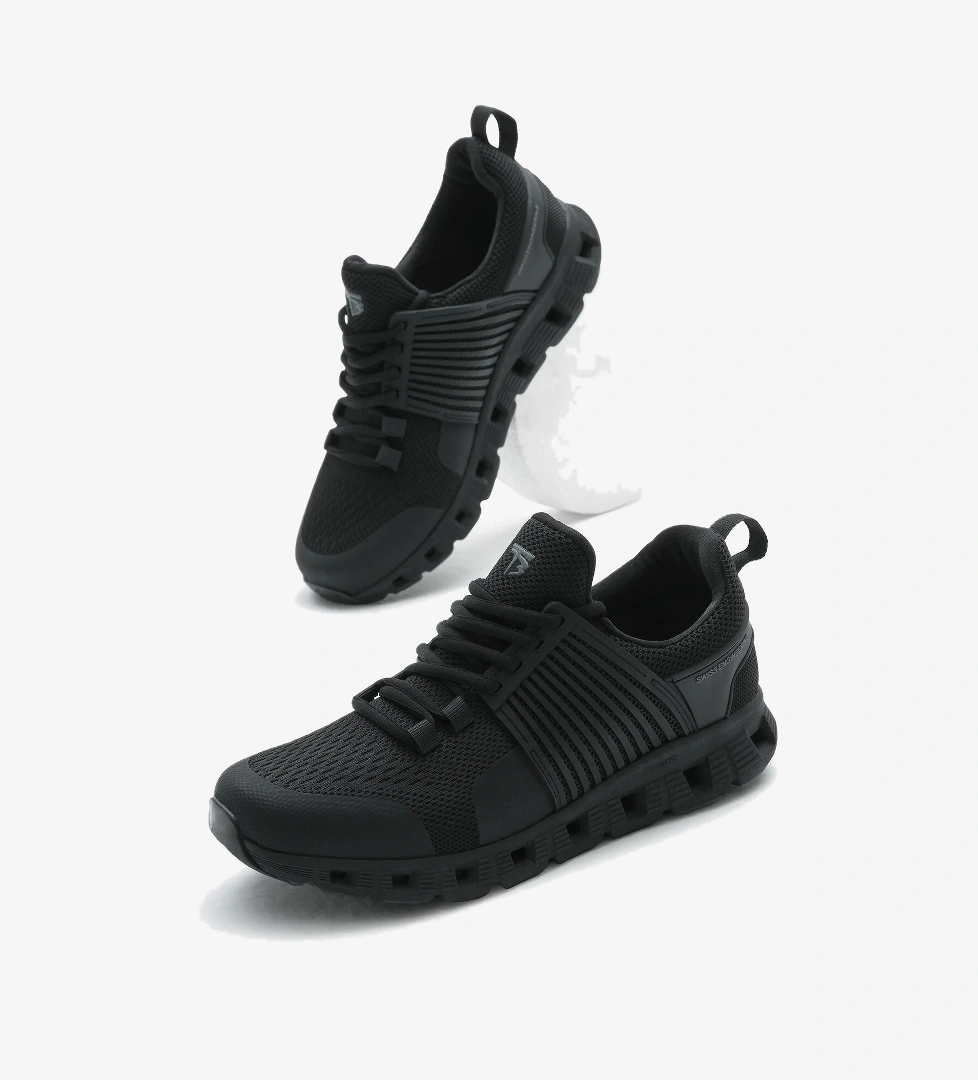 Unisex Siyah Tasarım Termo Taban Şeritli Nefes Alabilen Kumaş Bağcıklı Spor Ayakkabı