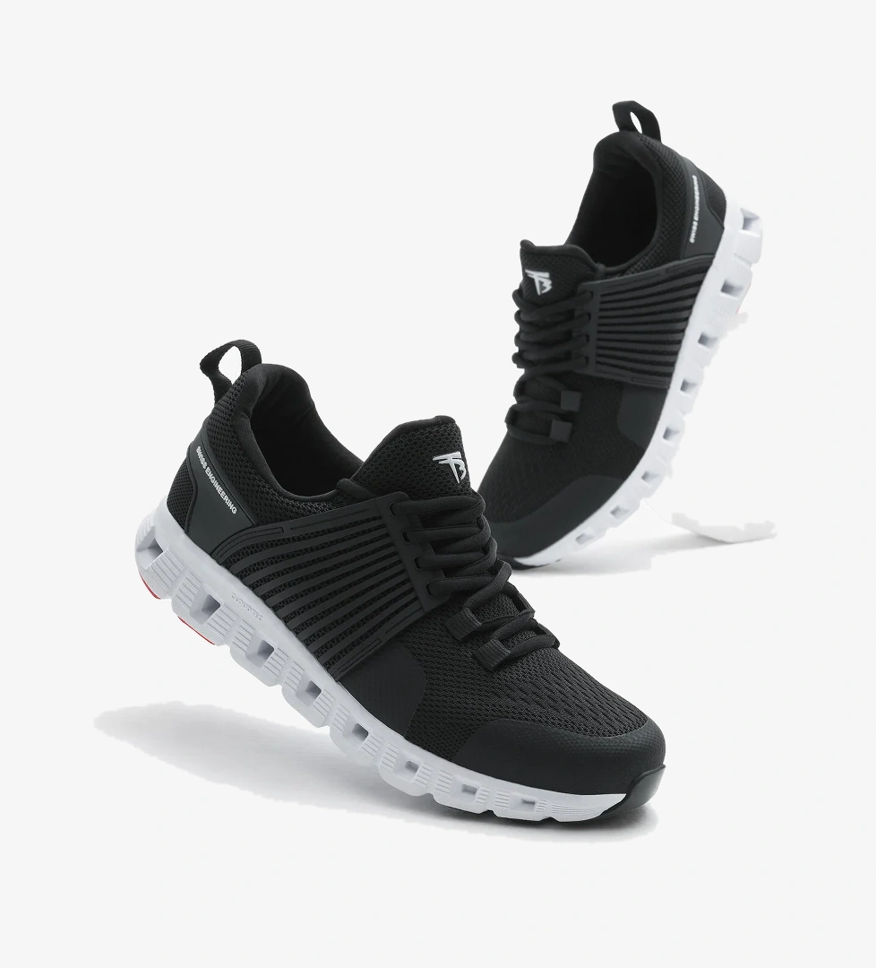 Unisex Siyah Beyaz Tasarım Termo Taban Şeritli Nefes Alabilen Kumaş Bağcıklı Spor Ayakkabı