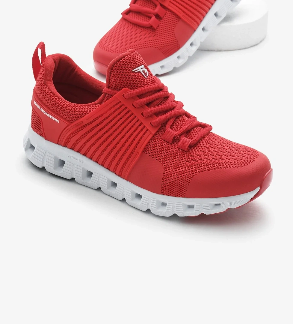 Unisex Kırmızı Tasarım Termo Taban Şeritli Nefes Alabilen Kumaş Bağcıklı Spor Ayakkabı