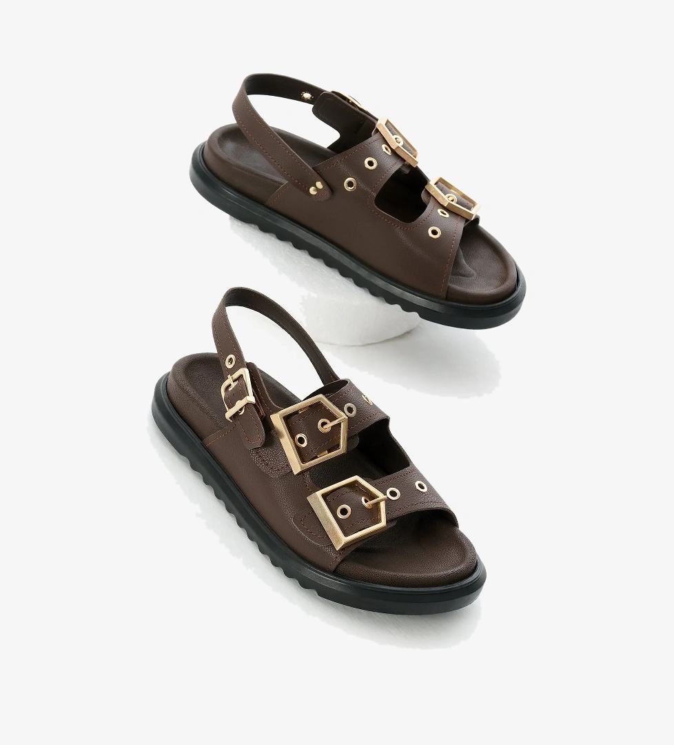 Kadın Kahve Poli Taban Çift Bantlı Tokalı Sandalet