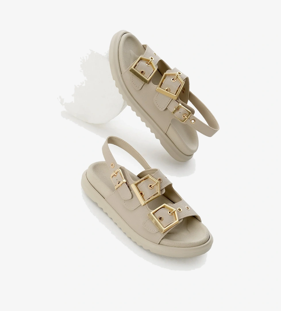 Kadın Bej Poli Taban Çift Bantlı Tokalı Sandalet