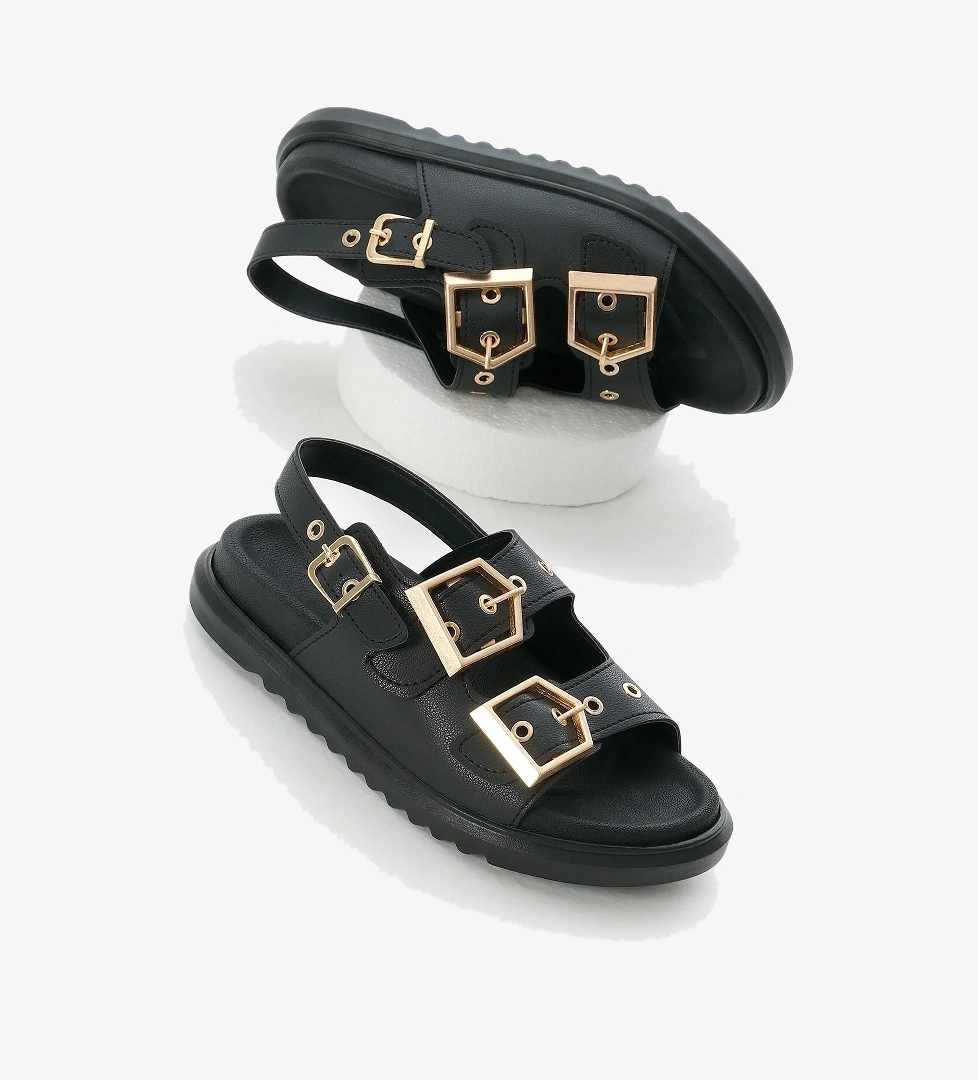 Kadın Siyah Poli Taban Çift Bantlı Tokalı Sandalet