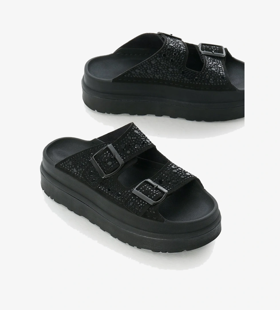 Kadın Siyah Yüksek Poli Taban Taşlı Çift Bantlı Tokalı Terlik