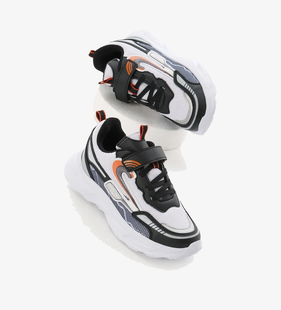 Çocuk Unisex Siyah Beyaz EVA Faylon Taban Desenli Cırtlı Lastik Bağcıklı Spor Ayakkabı