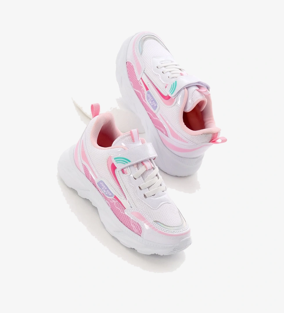 Tonny Black Çocuk Unisex Beyaz Pembe EVA Faylon Taban Desenli Cırtlı Lastik Bağcıklı Spor Ayakkabı