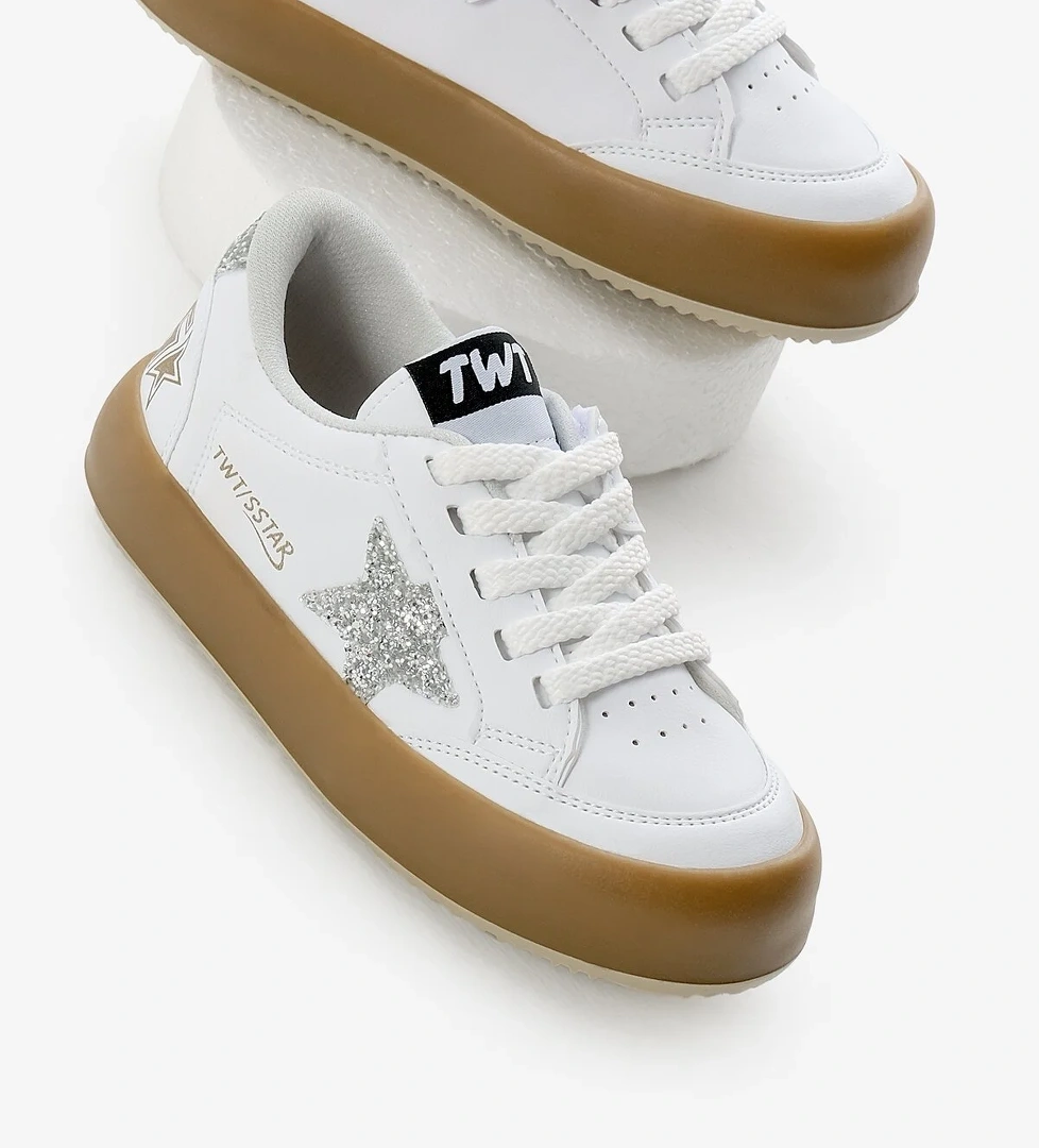 Çocuk Unisex Beyaz Gümüş Termo Taban Yıldız Detaylı Bağcıklı ve Cırtlı Spor Ayakkabı