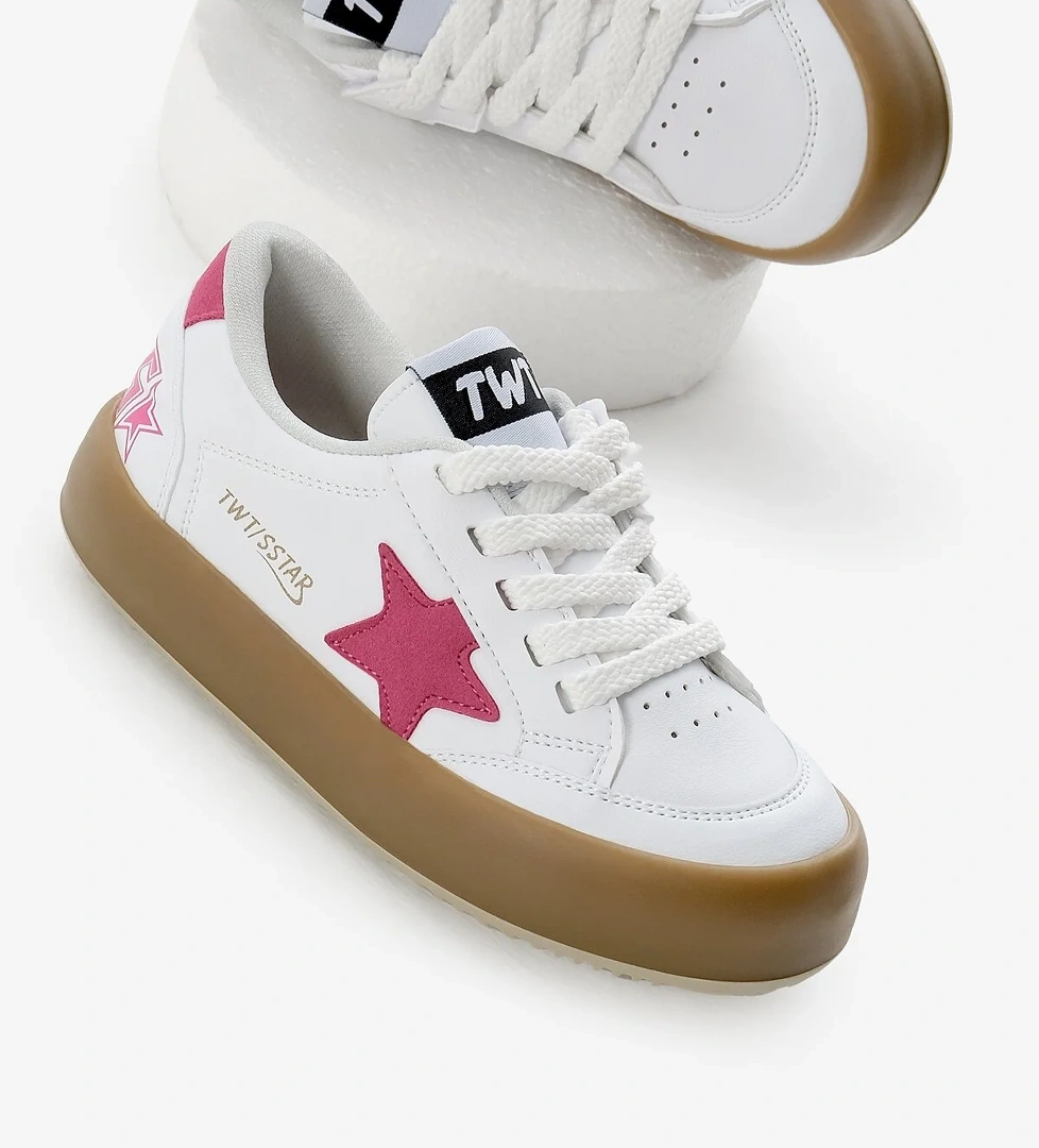 Çocuk Unisex Beyaz Fuşya Termo Taban Yıldız Detaylı Bağcıklı ve Cırtlı Spor Ayakkabı