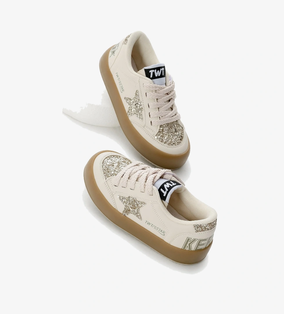 Çocuk Unisex Krem Termo Taban Yıldız Detaylı Bağcıklı ve Cırtlı Spor Ayakkabı