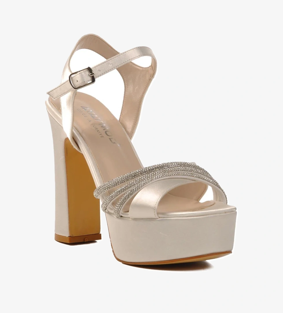 655413 Z Sedef Saten Taşlı Yüksek Topuk Kadın Topuklu Ayakkabı