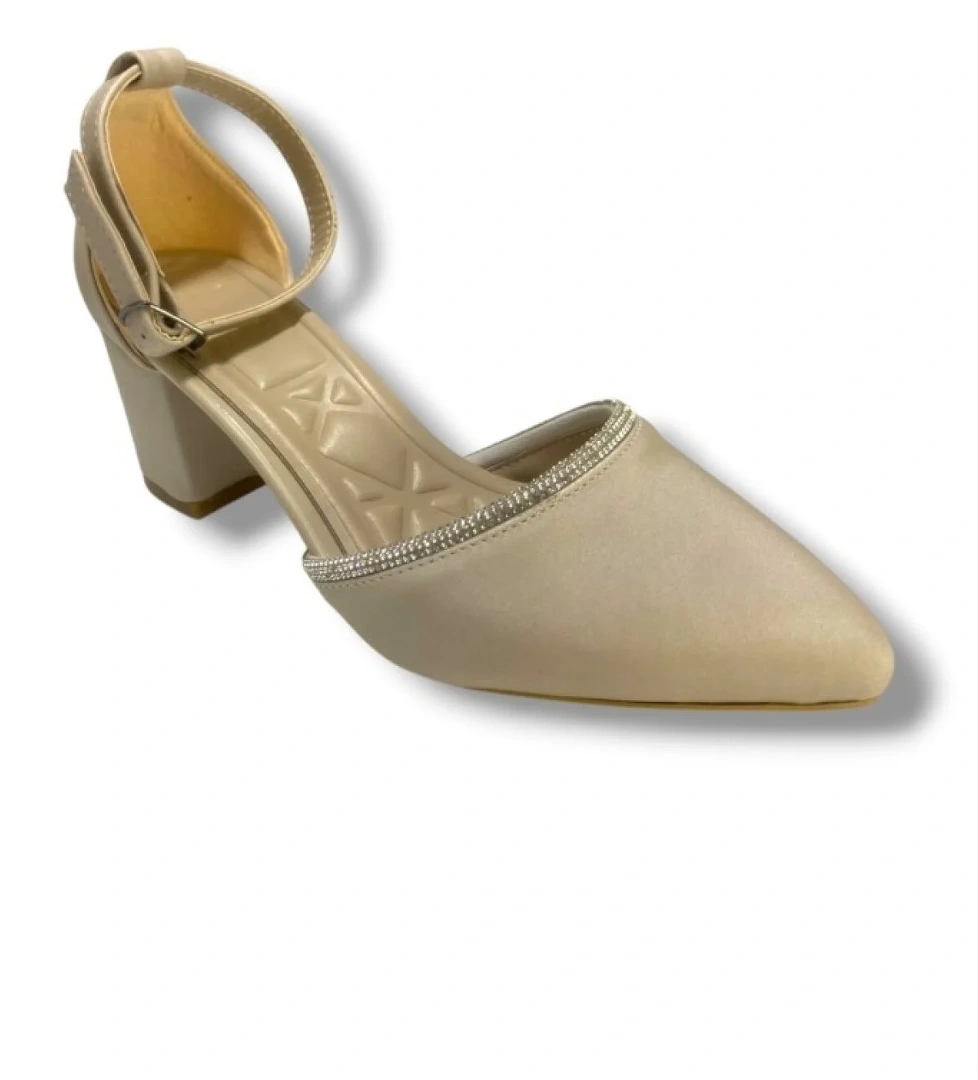 105-25 Saten Ağzı Taşlı Kalın Topuk Kadın Ayakkabı - Görsel 1