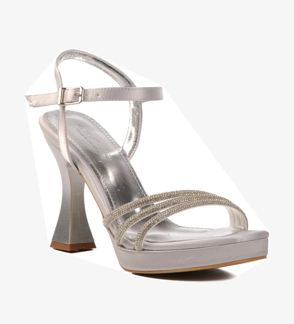 448186 Z Gümüş Saten Taşlı Kadın Topuklu Ayakkabı