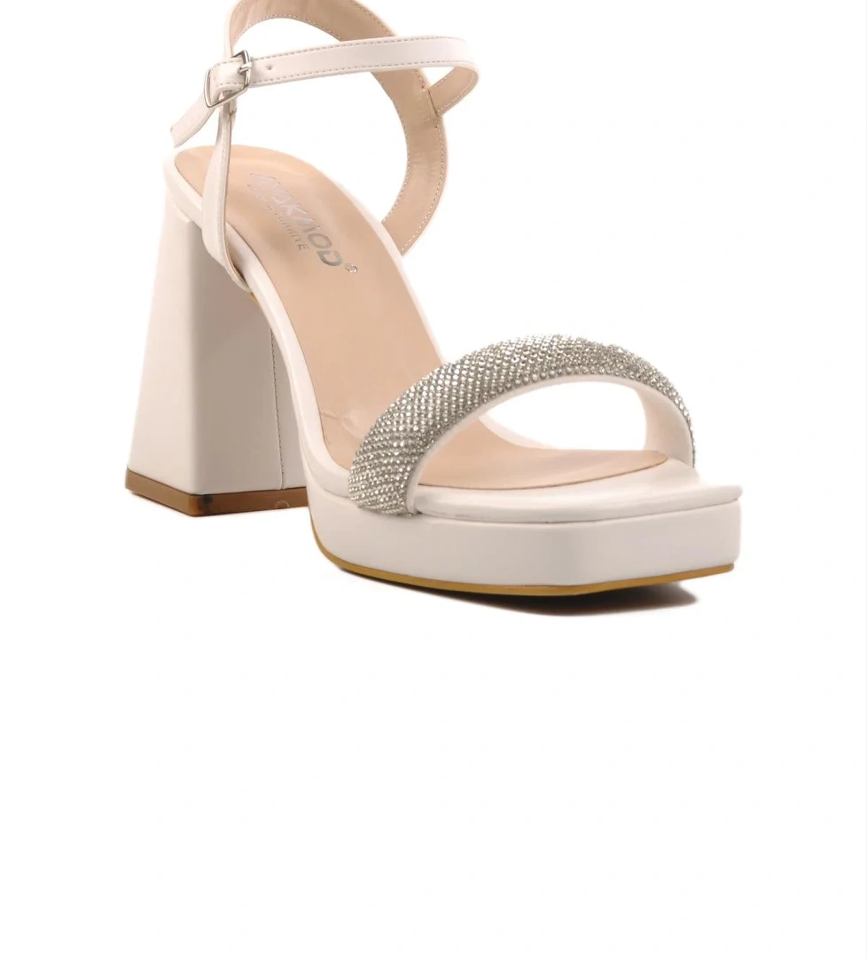 336535 Z Beyaz Kadın Platform Topuk Taşlı Sandalet
