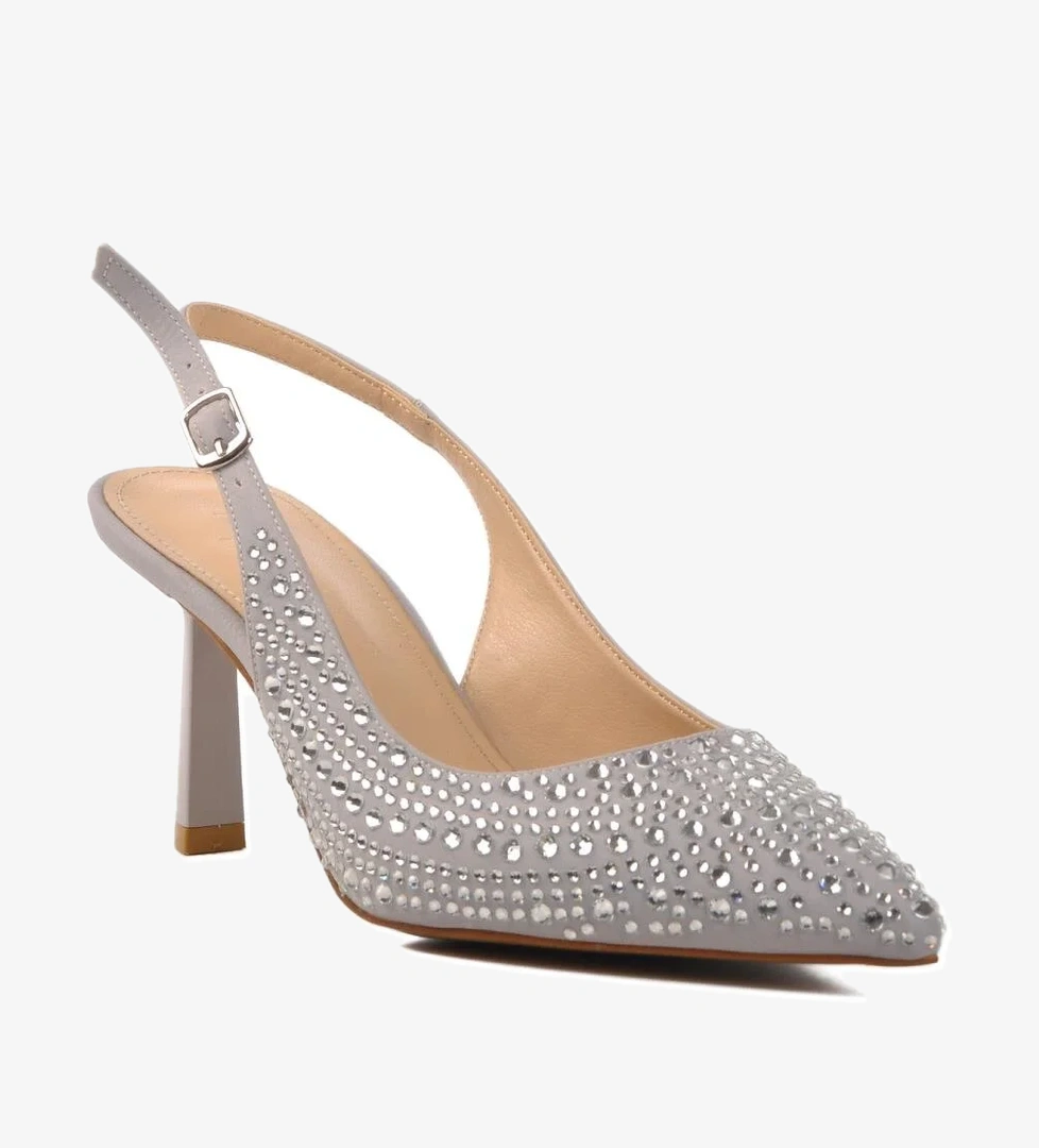 575008 Z Gümüş Saten Taşlı Kadın Topuklu Ayakkabı - Görsel 1