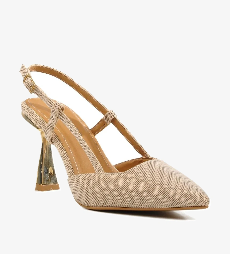 459158 Z Bej Simli Tekstil Kadın Abiye Ayakkabı Stiletto Düğün Nişan Ayakkabısı