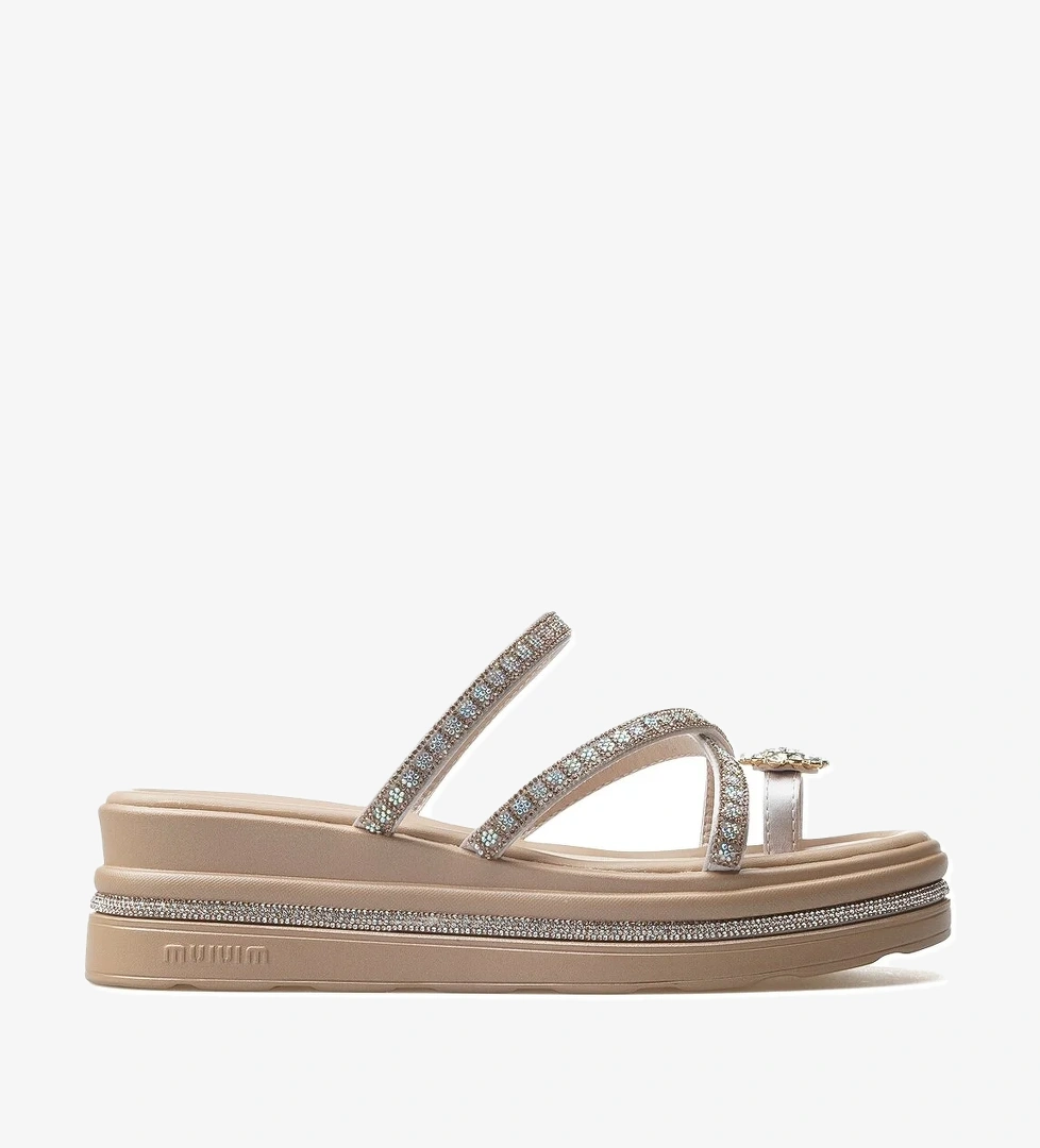 Kadın Taş Detaylı Topuklu Parmak Arası Günlük Terlik 25y 25y398-2 Z Bej