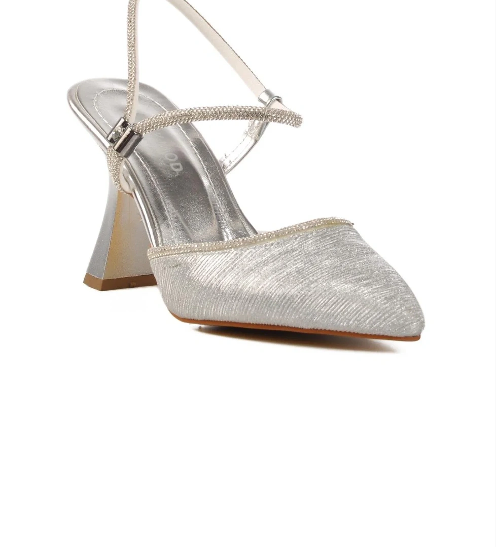 417603 Z Gümüş Kadın Taşlı Topuklu Ayakkabı