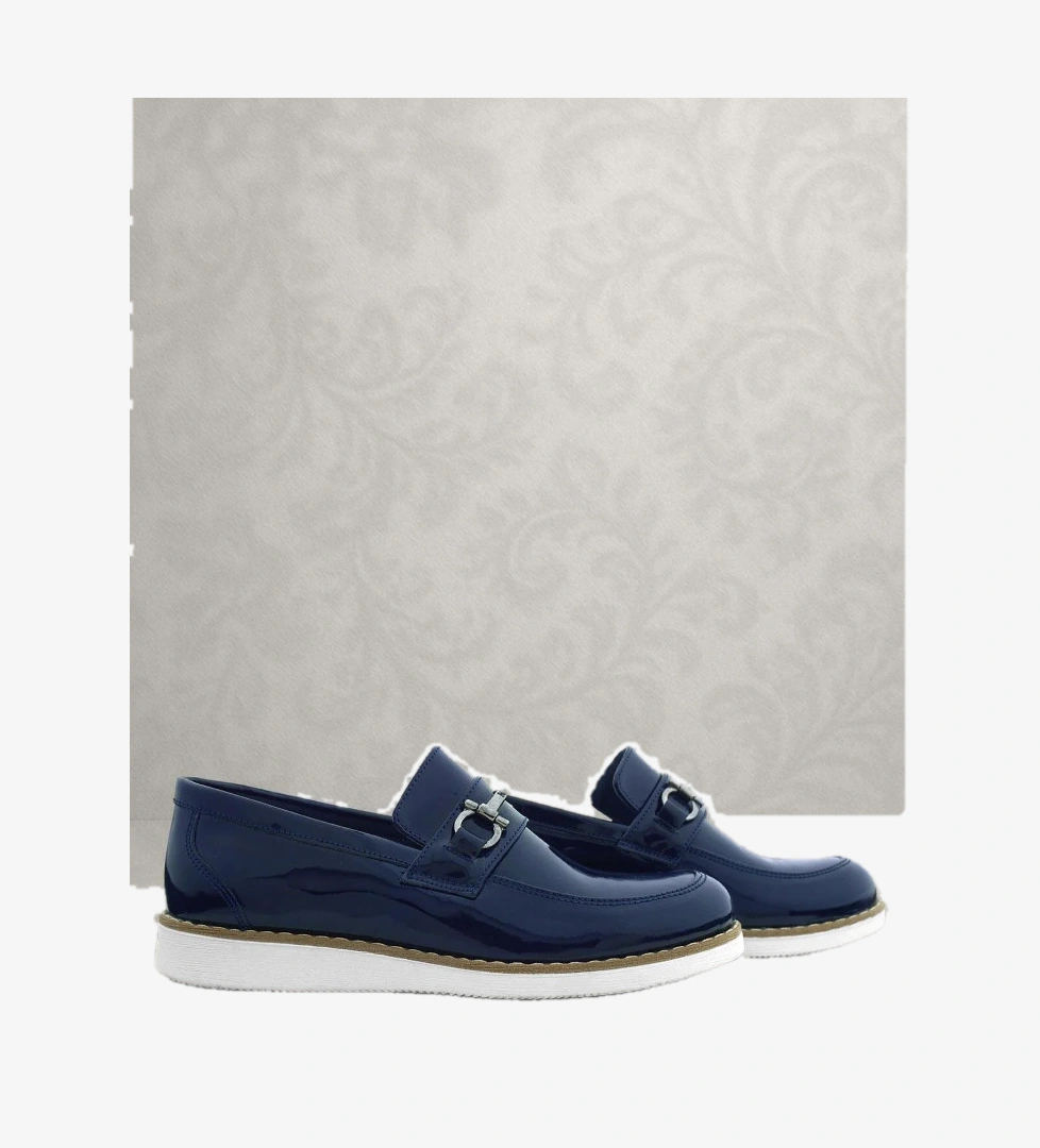 Hakiki Deri Lacivert Rugan Beyaz Tabanlı Loafer Çocuk Klasik Ayakkabı - Görsel 1