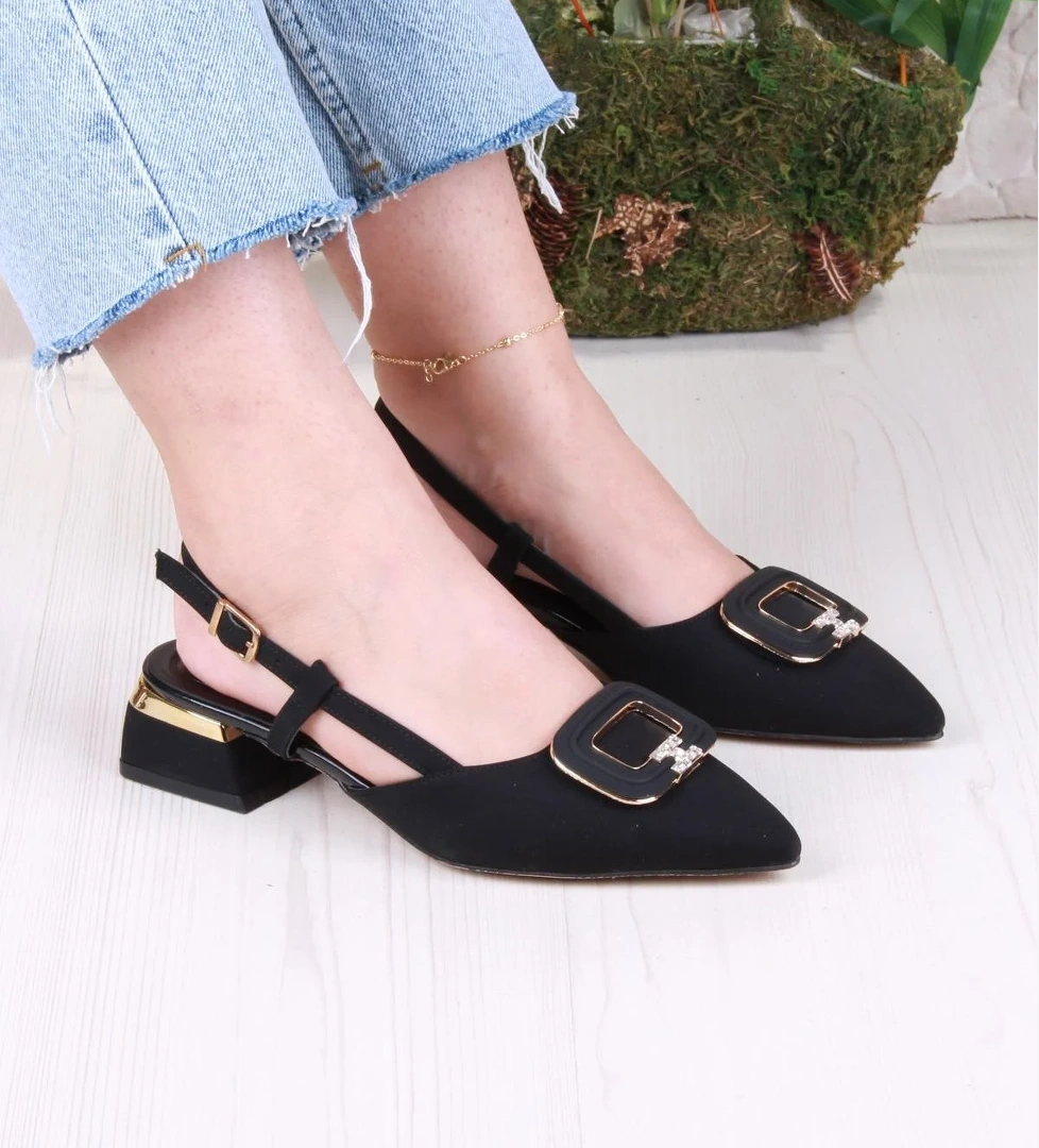 032-5802 Fls Saten Toka Detaylı Alçak Topuk Arkası Açık Önü Kapalı Kadın Ayakkabı