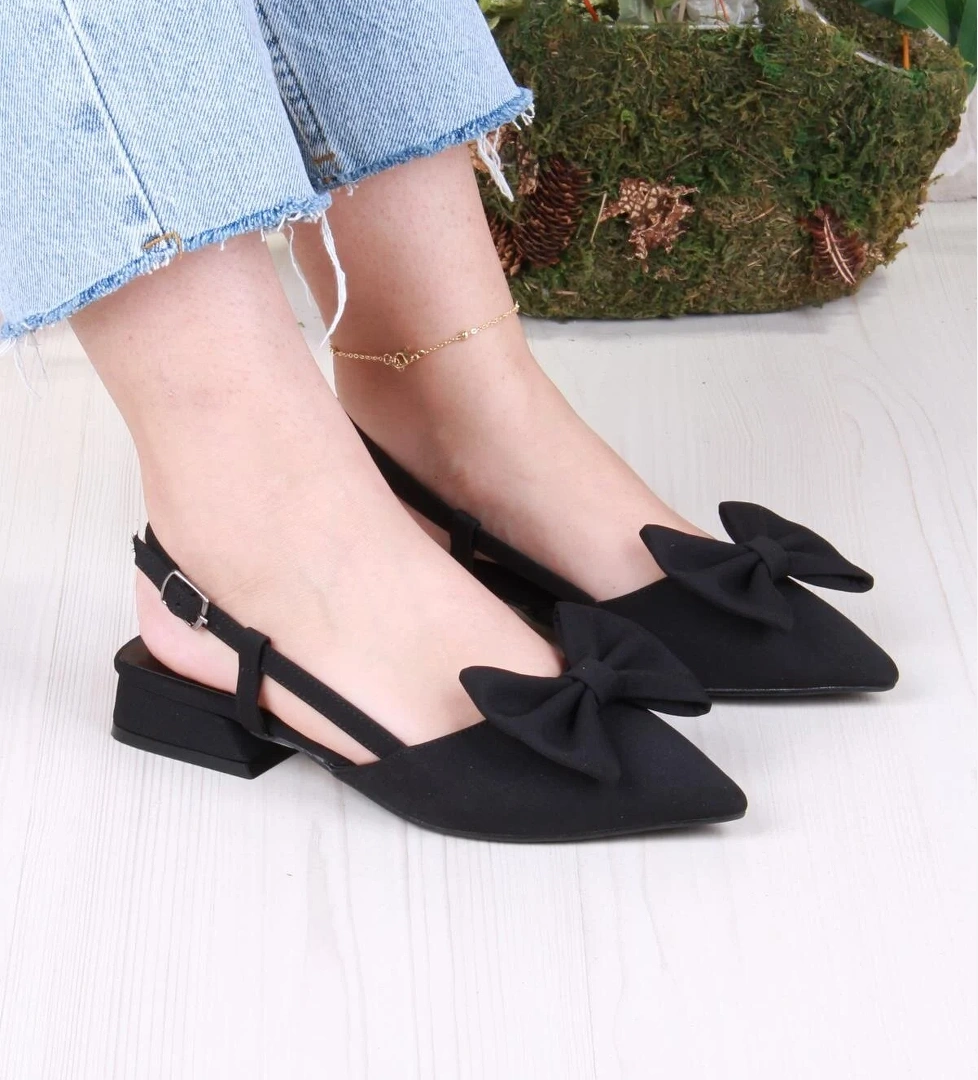 018-903 Fls Saten Fiyonk Detaylı Alçak Topuk Arkası Açık Önü Kapalı Kadın Ayakkabı