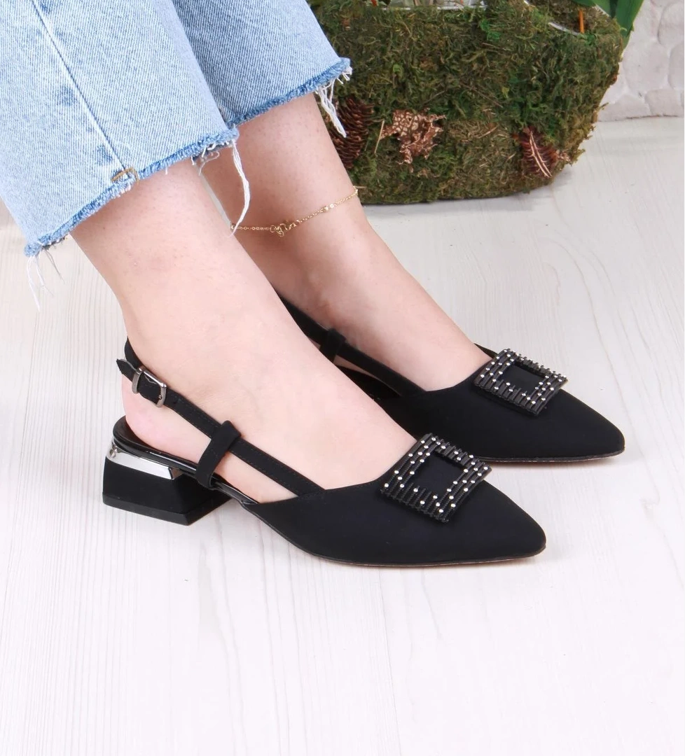 077-2058 Fls Saten Toka Detaylı Alçak Topuk Arkası Açık Önü Kapalı Kadın Ayakkabı